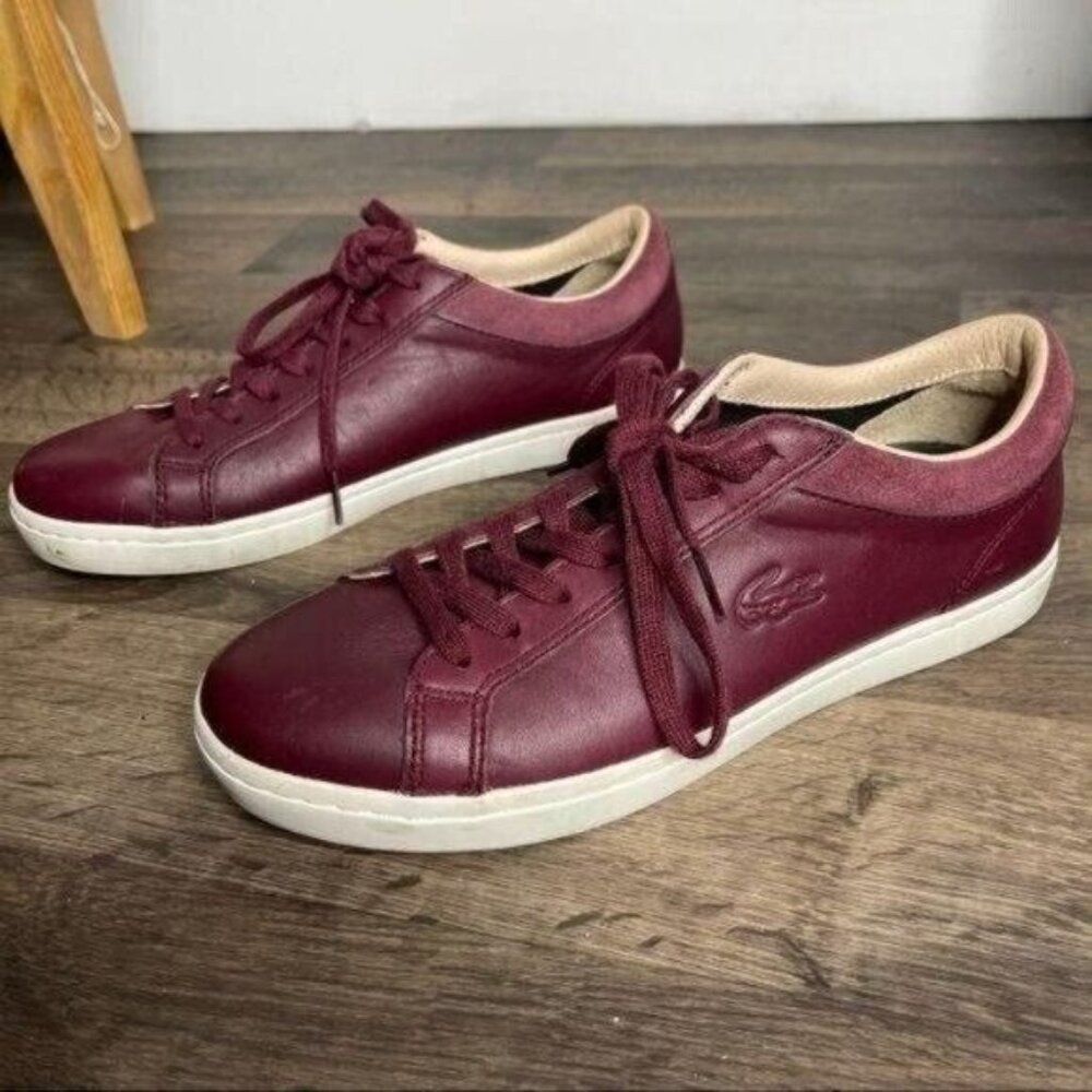 Lacoste Burgundy Woman's Sneakers Low Top Leather Sneakers Size 8 - Picture 6 of 13
